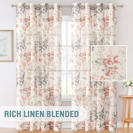 Sheer Linen Curtains Semi Sheer Curtains Draperies for Living Room/Bedroom Vintage Classical Floral Printing Window Treatment Grommet 2 Panels,Grey/Coral