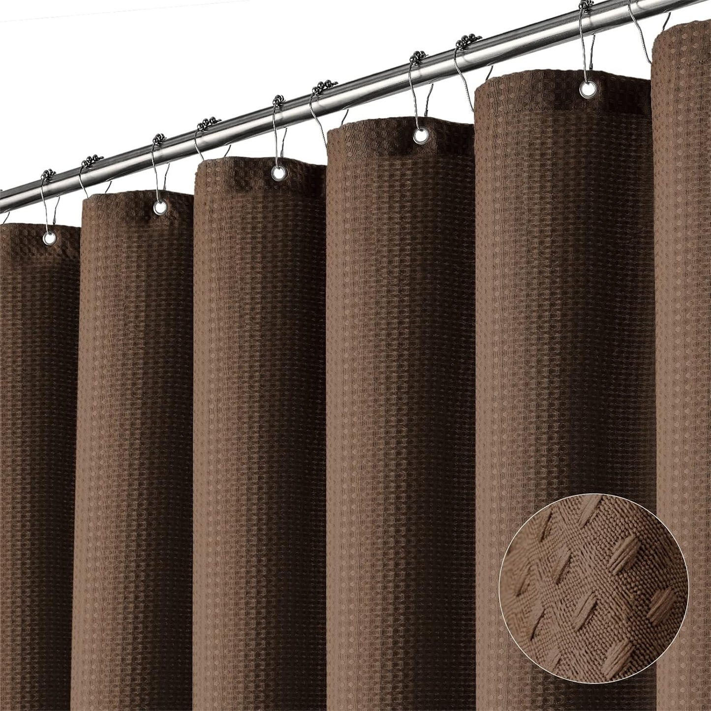 Fabric Shower Curtain - Waffle Weave Weighted Thick Cloth Shower Curtains for Bathroom, Hotel Spa Luxury Bath Curtain Set with 10 Hooks,Brown