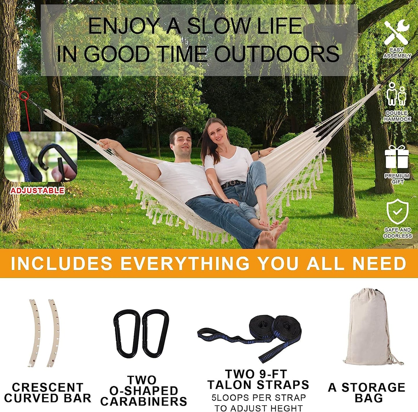 Hammock Hanging Swing Double Max 500lbs Macrame for Indoor Outdoor Patio Yard Garden (Beige)