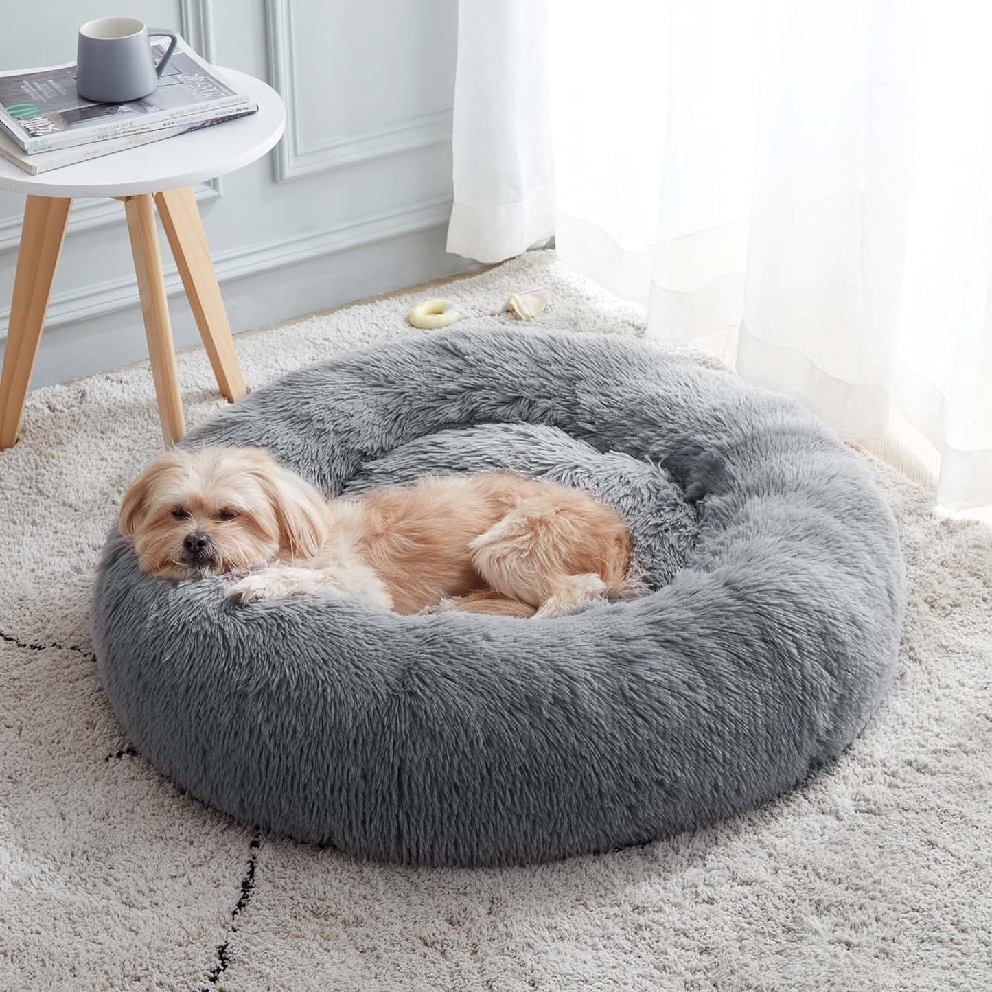 Anti Anxiety Round Fluffy Plush Faux Fur Warm Washable Dog Bed & Cat Bed, Original Bed for Small Medium Large Pets,Dark Grey