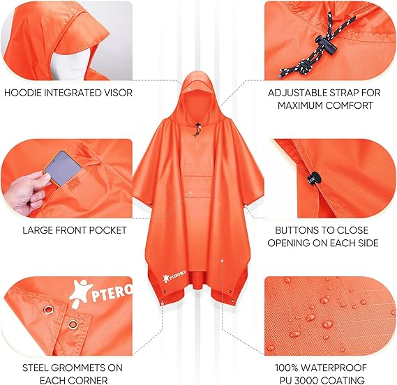 Hooded Rain Poncho for Adult with Pocket, Waterproof Lightweight Unisex Raincoat for Hiking Camping Emergency ,Orange