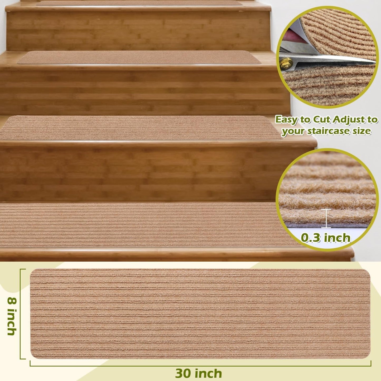 Stair Treads Carpet Non-Slip Indoor Stair Runners for Wooden Steps, Stair Rugs for Kids and Dogs, Set of 15, 8" X 30", Cornstalk