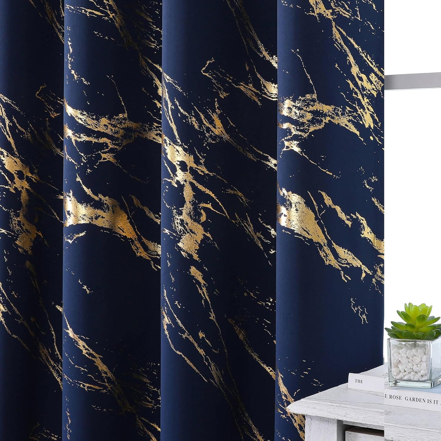 90% Blackout Curtains 2 Panels, Gold Marble Patterned Blackout Curtains Thermal Insulated Room Darkening Drapes for Living Room ,Navy