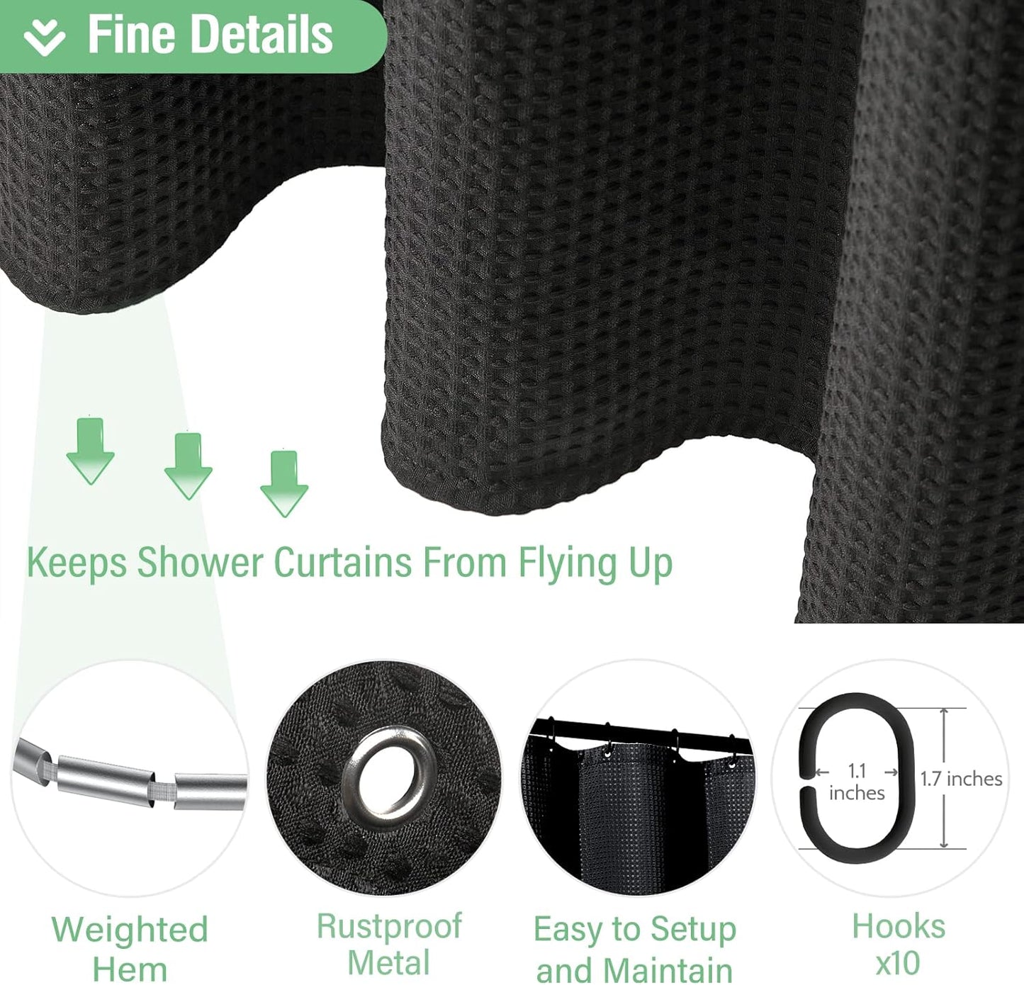 Fabric Shower Curtain - Waffle Weave Weighted Thick Cloth Shower Curtains for Bathroom, Hotel Spa Luxury Bath Curtain Set with 10 Hooks,Black