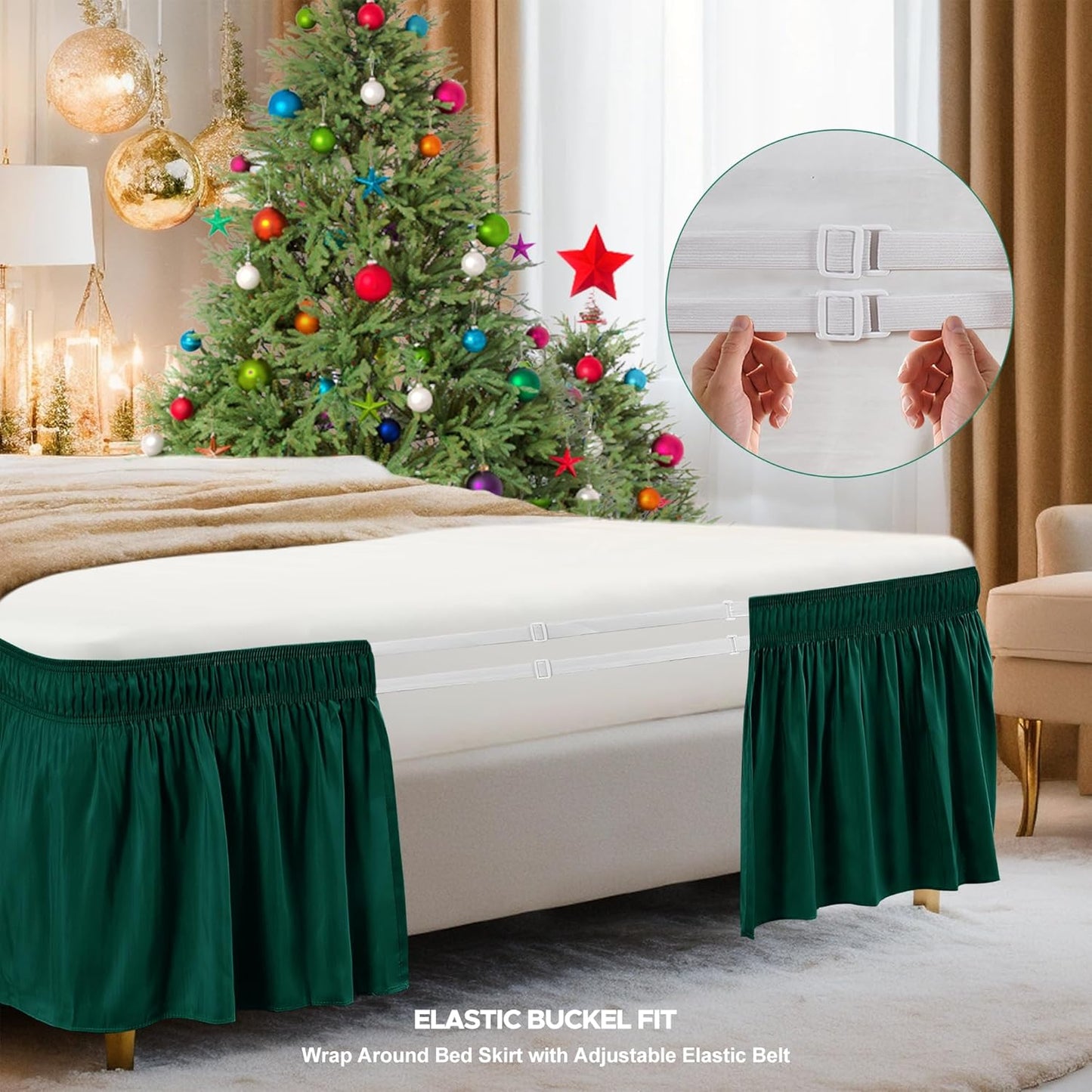 Wrap Around Bed Skirts  15" Drop, Aqua Adjustable Elastic Dust Ruffles Easy Fit Wrinkle & Fade Resistant  Machine Washable ,Dark Green