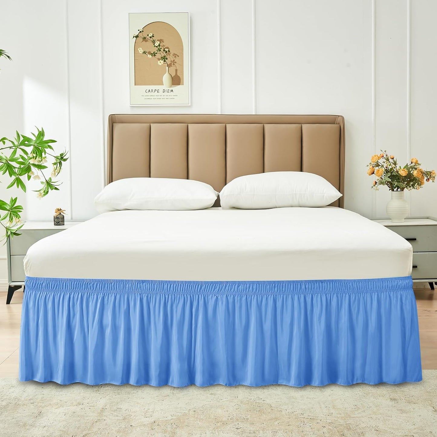 Wrap Around Bed Skirts  15" Drop, Aqua Adjustable Elastic Dust Ruffles Easy Fit Wrinkle & Fade Resistant  Machine Washable ,Blue