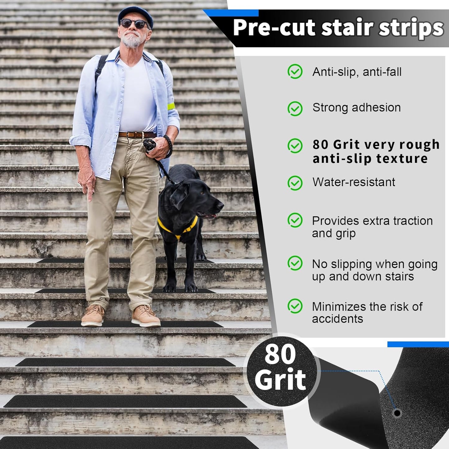 Black Non-Slip Treads for Wooden Steps Indoor Pre-Cut Anti-Slip Strips, Grip Tape Transparent Grips for Wood Stairs, Dogs, Kids and Pets, Waterproof