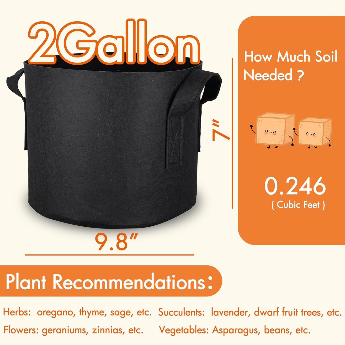 10-Pack 2 Gallon Grow Bags, Aeration Fabric Pots with Handles, Heavy Duty Cloth Pots for Plants