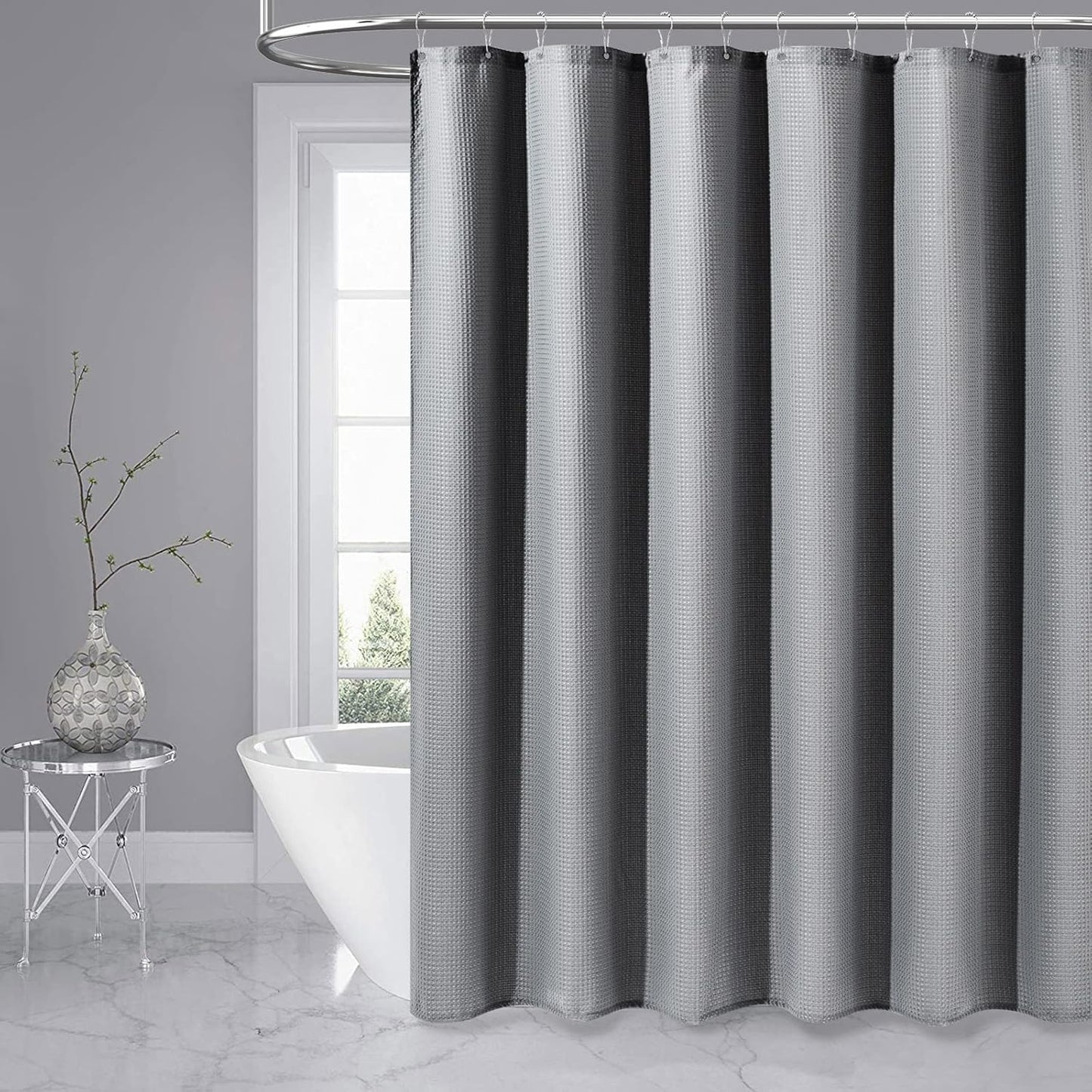 Fabric Shower Curtain - Waffle Weave Weighted Thick Cloth Shower Curtains for Bathroom, Hotel Spa Luxury Bath Curtain Set with 10 Hooks,Grey