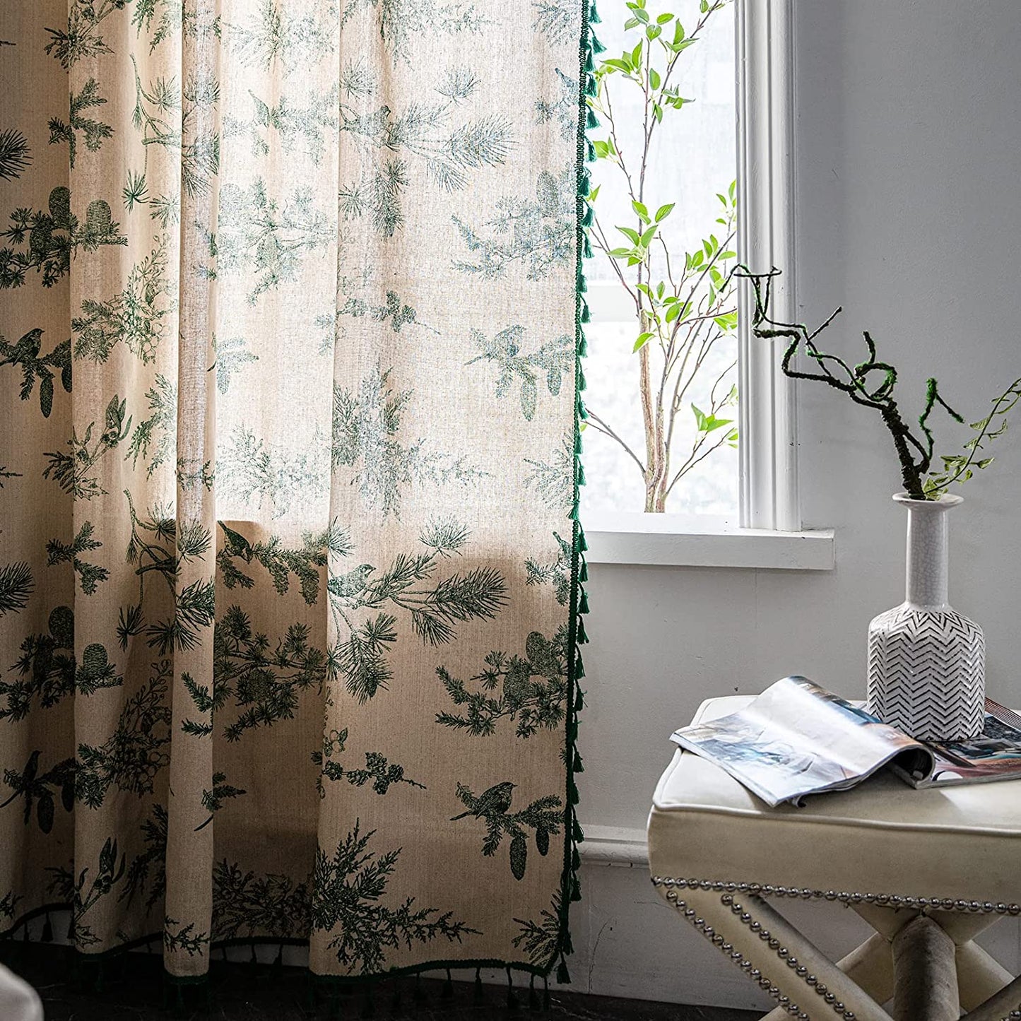 Bohemian style tassel green pine nut semi shading through rod curtain room, living room, bedroom, 2 pieces