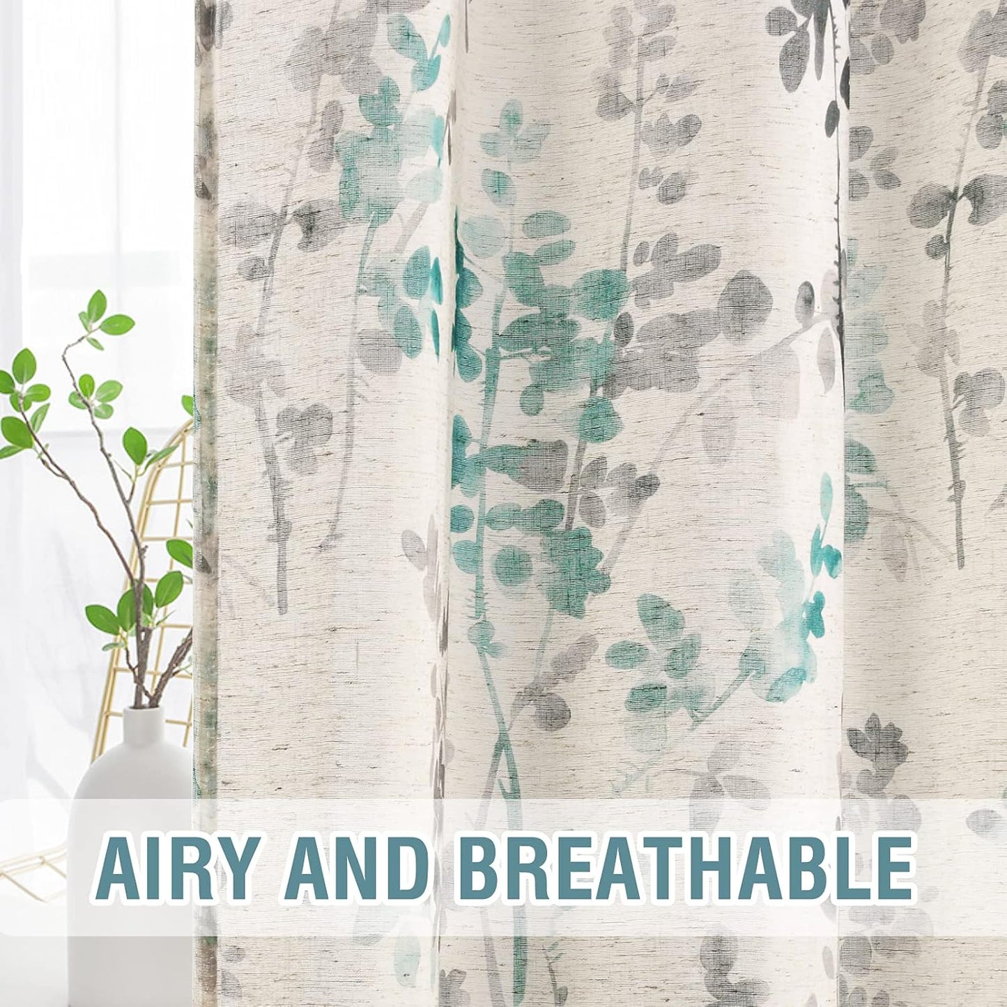 Sheer Linen Curtains Semi Sheer Curtains Draperies for Living Room/Bedroom Vintage Classical Floral Printing Window Treatment Grommet 2 Panels,Grey/Turquoise