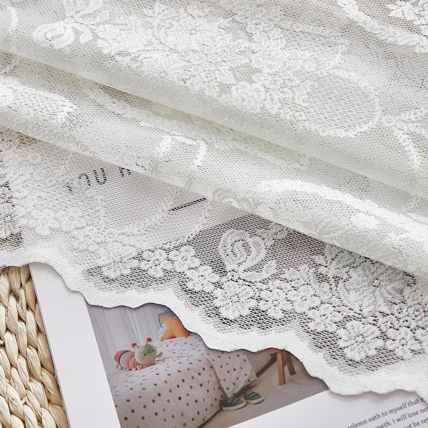 White Lace French Delicacy Curtains -Rod Pocket Luxury Vintage Bow Butterfly Flower Sheer Lace Curtains for Living Room Bedroom