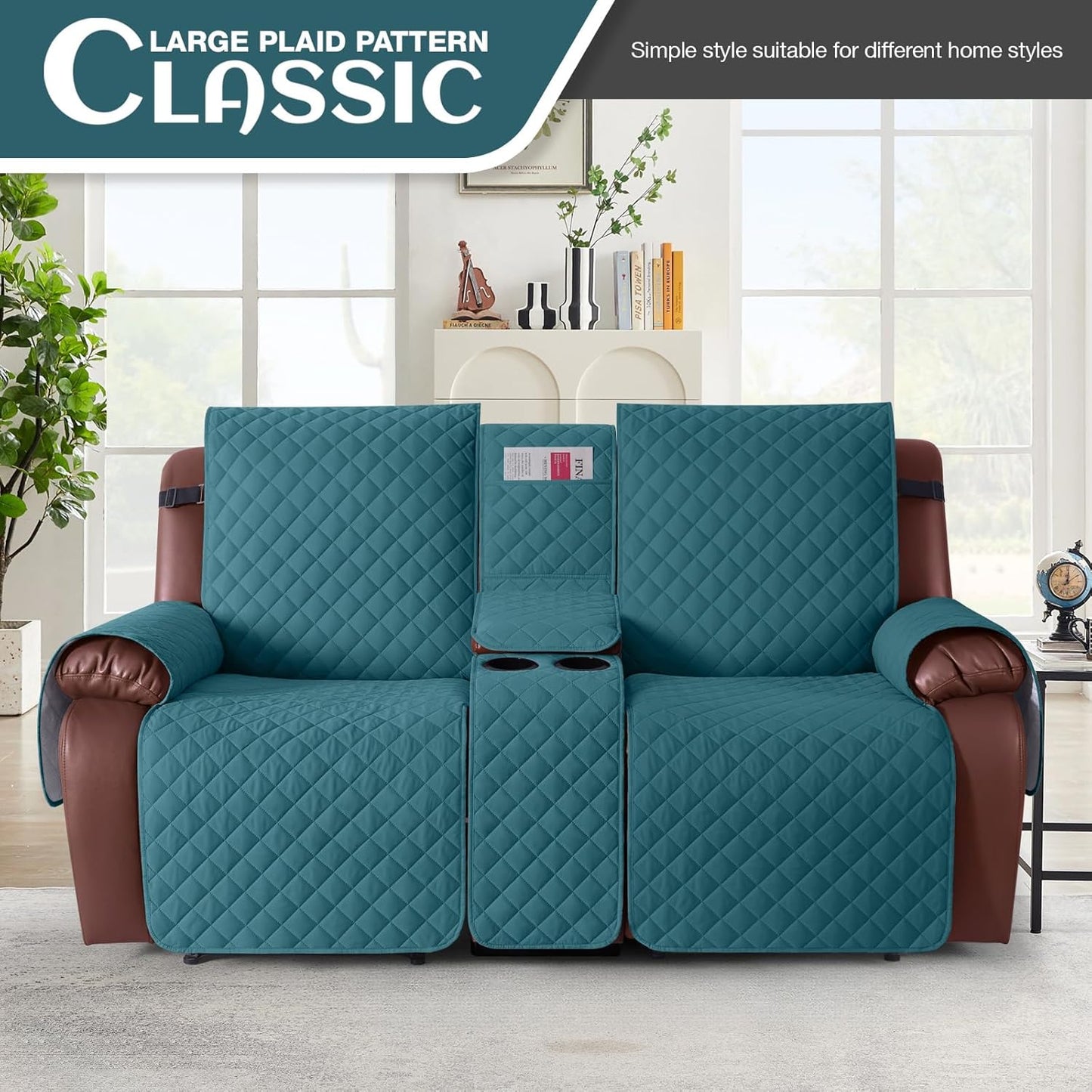 100%Waterproof  with Console, Non-Slip Reclining Couch Covers for 2 Seat, Recliner Sofa Cover Furniture Protector with Elastic Straps for Kids, Pets,Deepteal