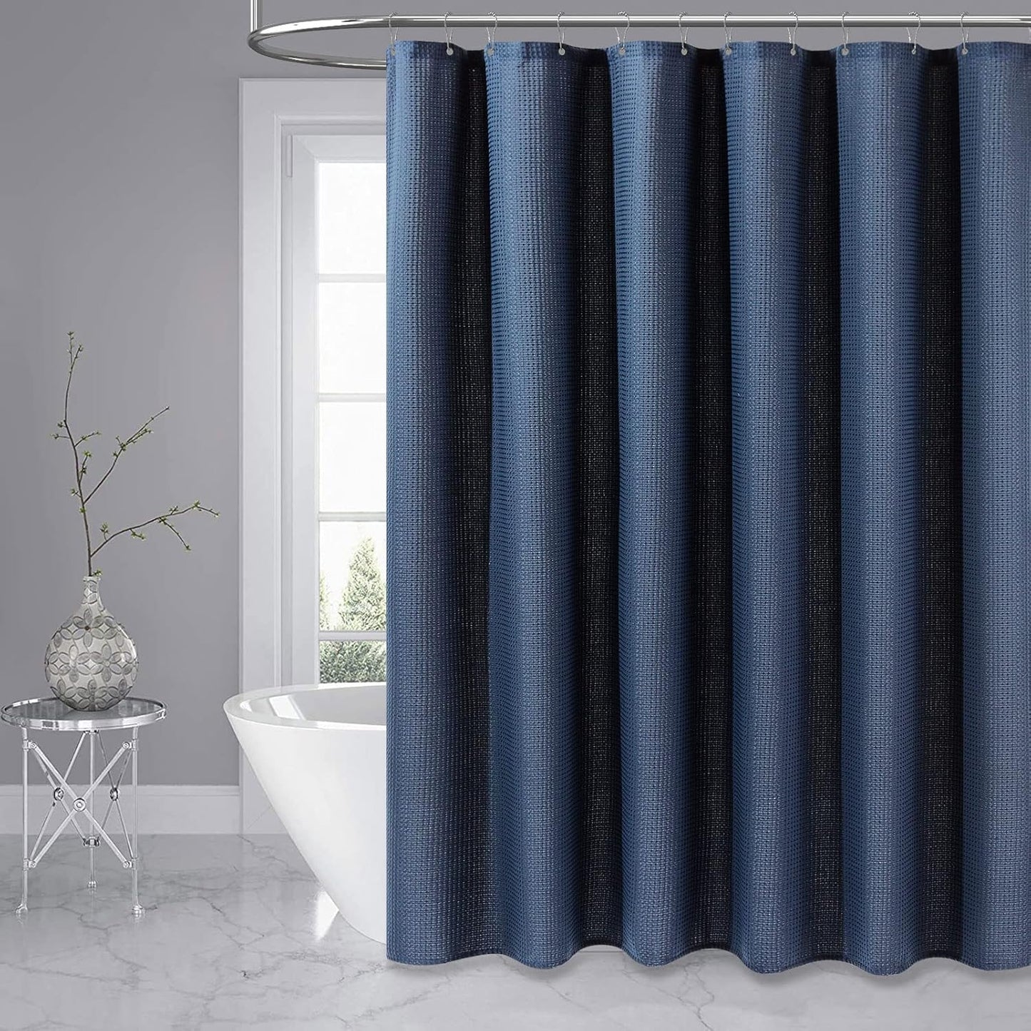 Fabric Shower Curtain - Waffle Weave Weighted Thick Cloth Shower Curtains for Bathroom, Hotel Spa Luxury Bath Curtain Set with 10 Hooks,Navy
