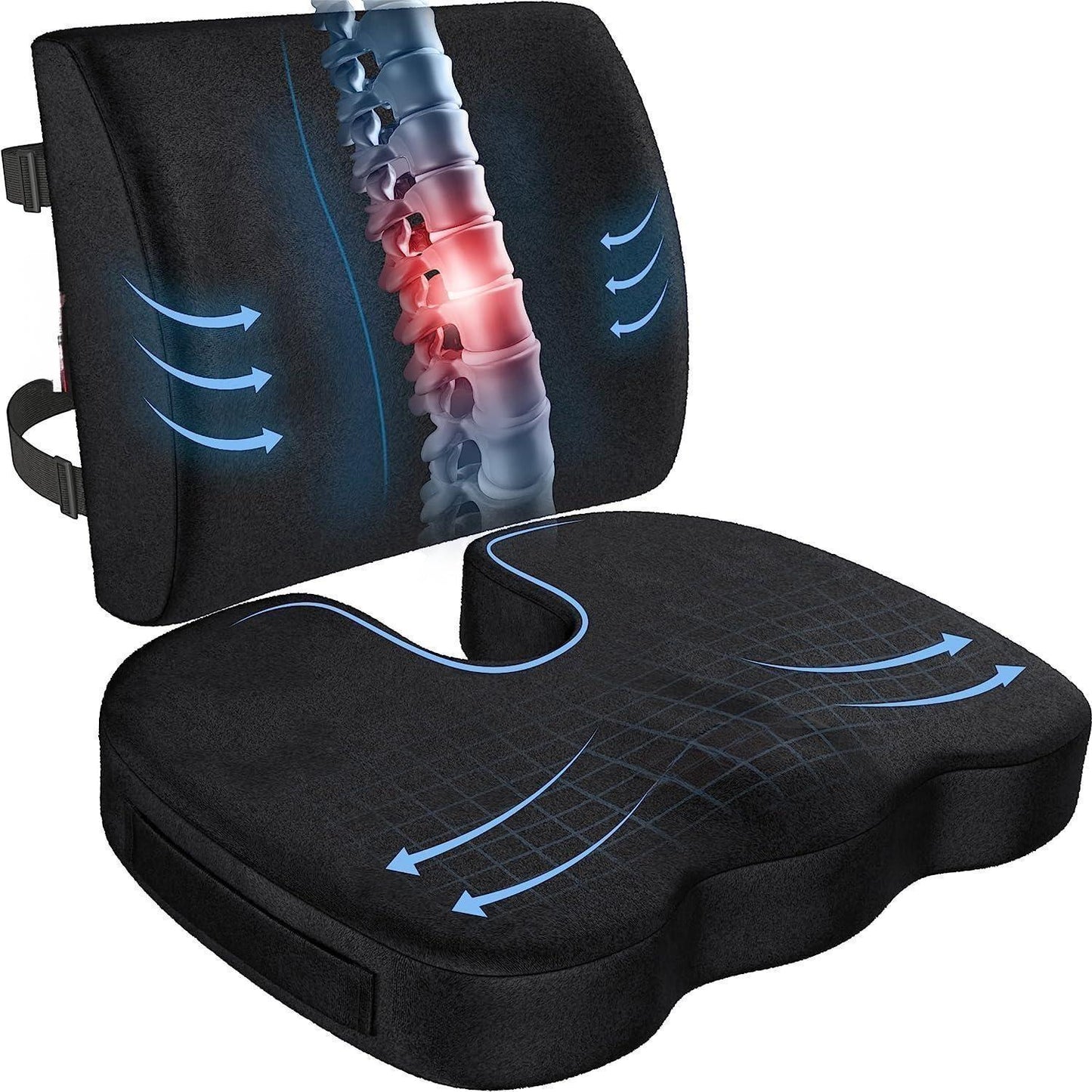 Seat Cushion for Office Chair, Lumbar Support Pillow for Chair, Car Seat Cushion,Washable Coat, Back Support Memory Foam Pillow ,Black Velour