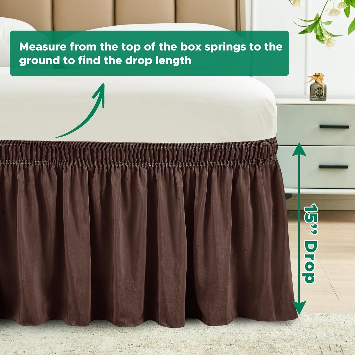 Wrap Around Bed Skirts  15" Drop, Aqua Adjustable Elastic Dust Ruffles Easy Fit Wrinkle & Fade Resistant  Machine Washable ,Brown