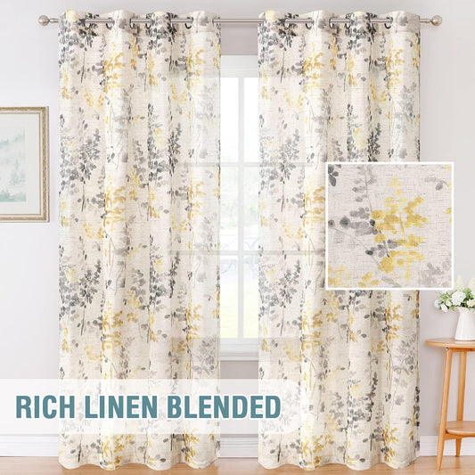 Sheer Linen Curtains Semi Sheer Curtains Draperies for Living Room/Bedroom Vintage Classical Floral Printing Window Treatment Grommet 2 Panels,Yellow/Taupe