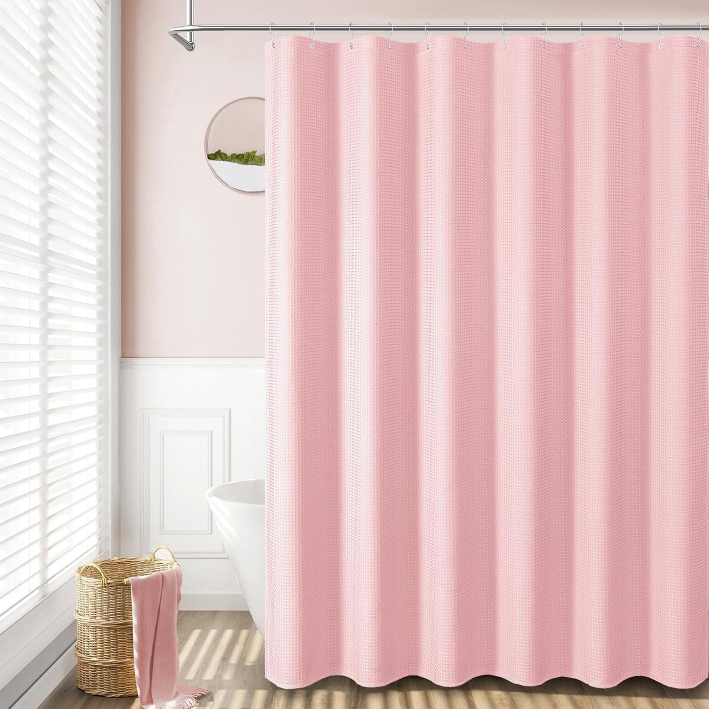 Fabric Shower Curtain - Waffle Weave Weighted Thick Cloth Shower Curtains for Bathroom, Hotel Spa Luxury Bath Curtain Set with 10 Hooks,Pink
