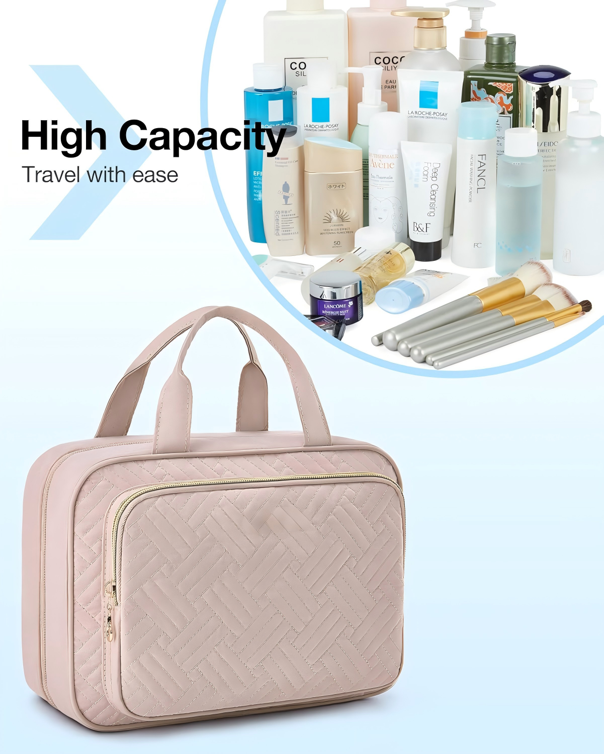 Toiletry Bag Hanging Travel Makeup Organizer, Transparent Cosmetic Bag Makeup Bag for Full Sized Toiletries, Pink