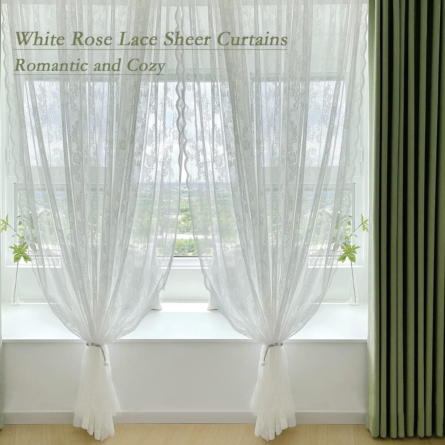 White Lace Sheer Curtains for Bedroom Farmhouse French Floral Rose Lace Curtain Panels Durable Flower Embeoidered Window Treatment Drapes for Living Room Christmas Holiday, Set of 2