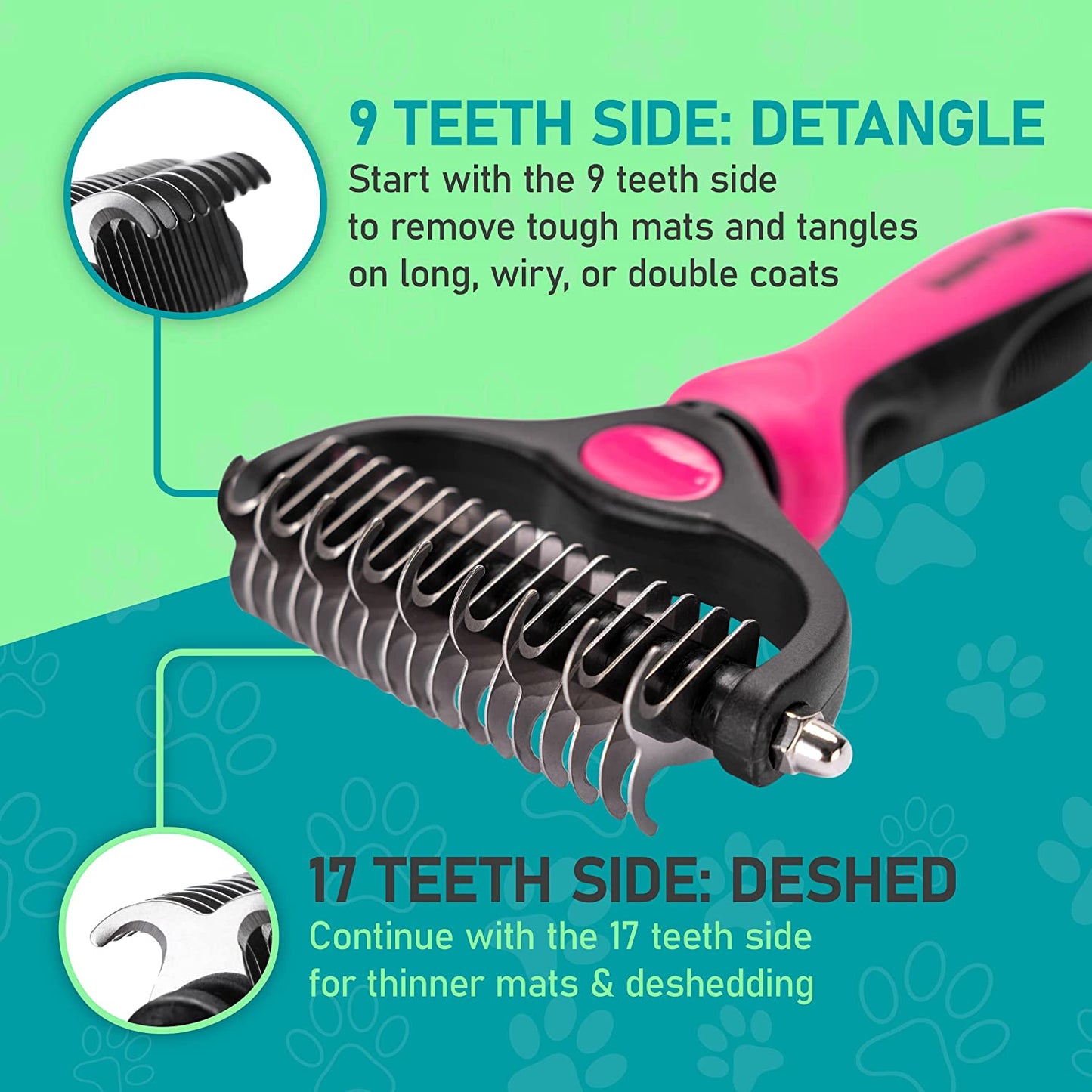 Pet Grooming Brush - Double Sided Shedding and Dematting Undercoat Rake Comb for Dogs and Cats,Extra Wide, Pink