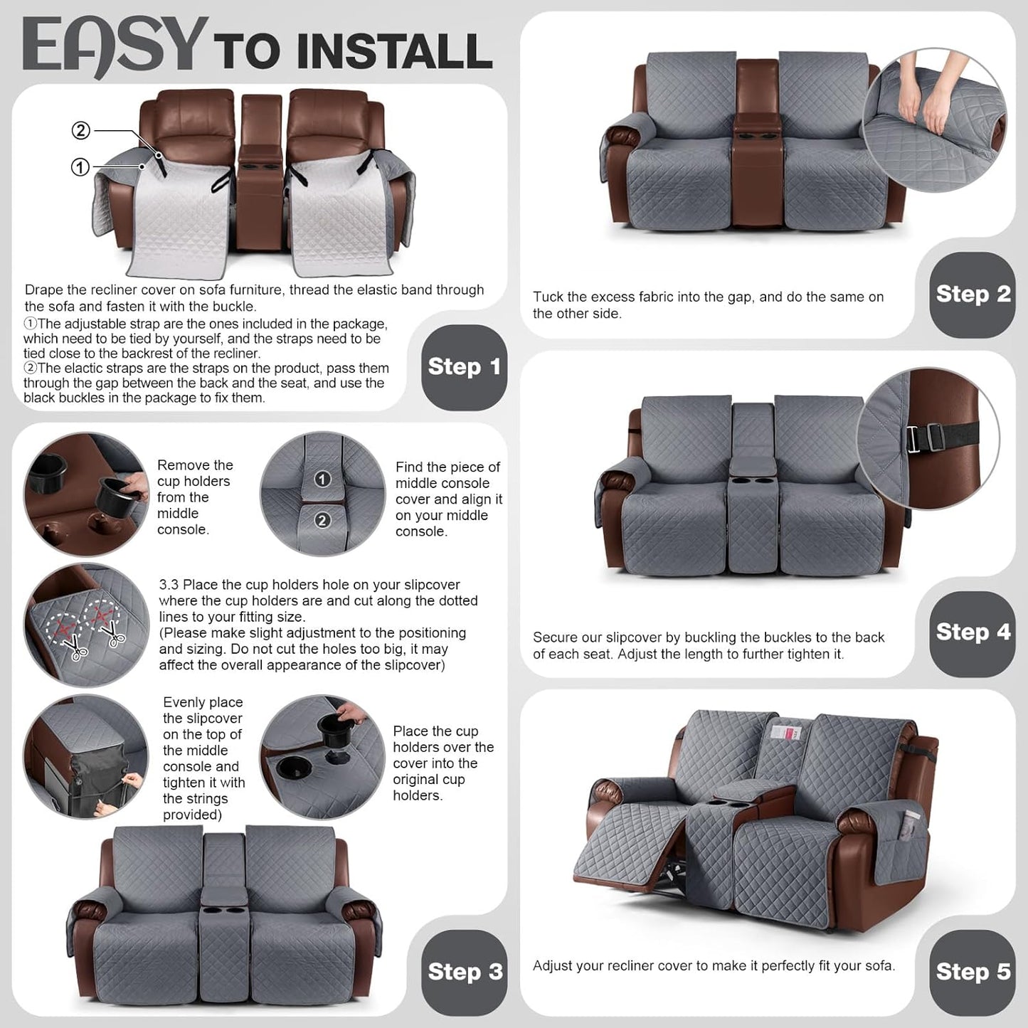 100%Waterproof  with Console, Non-Slip Reclining Couch Covers for 2 Seat, Recliner Sofa Cover Furniture Protector with Elastic Straps for Kids, Pets,Grey