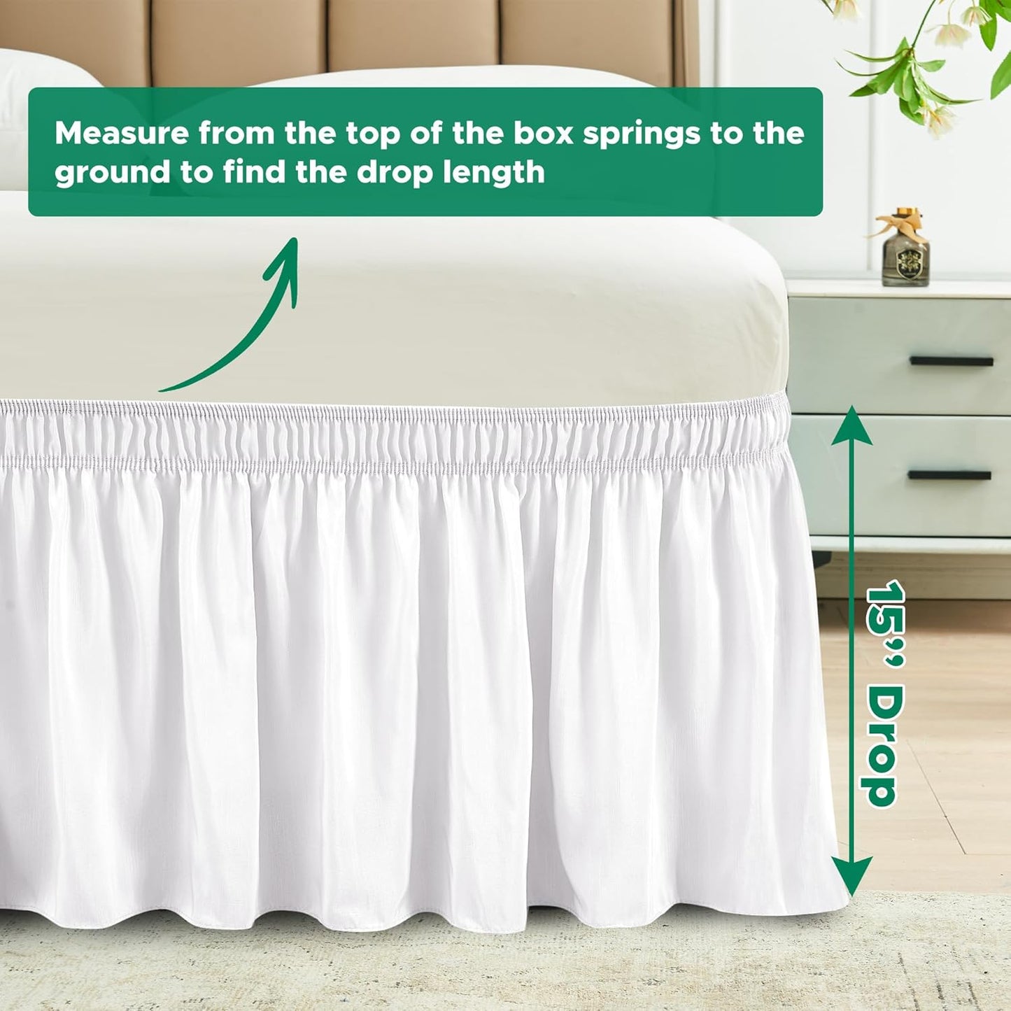 Wrap Around Bed Skirts  15" Drop, Aqua Adjustable Elastic Dust Ruffles Easy Fit Wrinkle & Fade Resistant  Machine Washable ,White