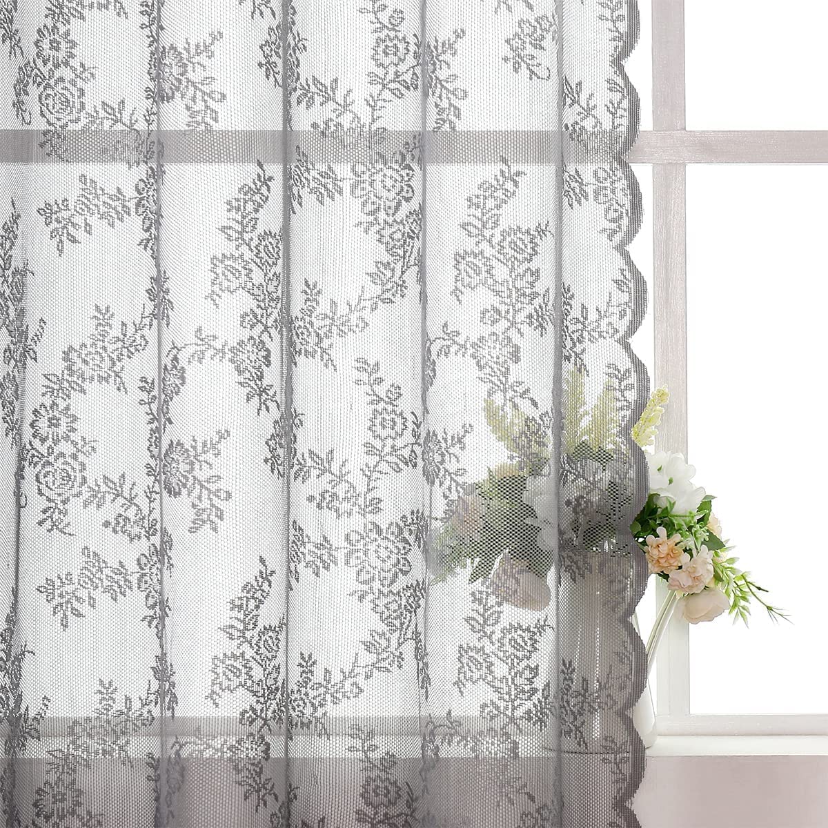 Grey Lace Sheer Curtains for Bedroom Farmhouse French Floral Rose Lace Curtain Panels Durable Flower Embeoidered Window Treatment Drapes for Living Room Christmas Holiday, Set of 2