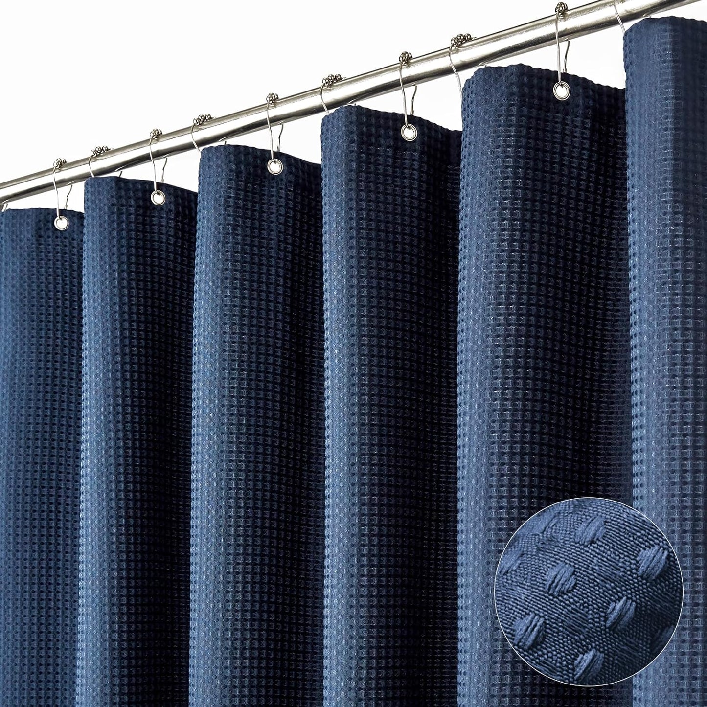 Fabric Shower Curtain - Waffle Weave Weighted Thick Cloth Shower Curtains for Bathroom, Hotel Spa Luxury Bath Curtain Set with 10 Hooks,Navy