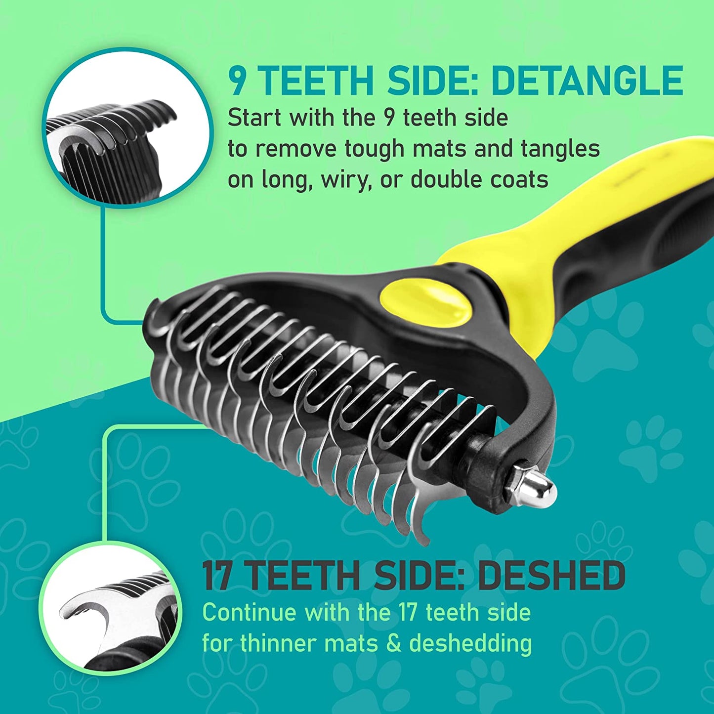 Pet Grooming Brush - Double Sided Shedding and Dematting Undercoat Rake Comb for Dogs and Cats,Extra Wide, Yellow
