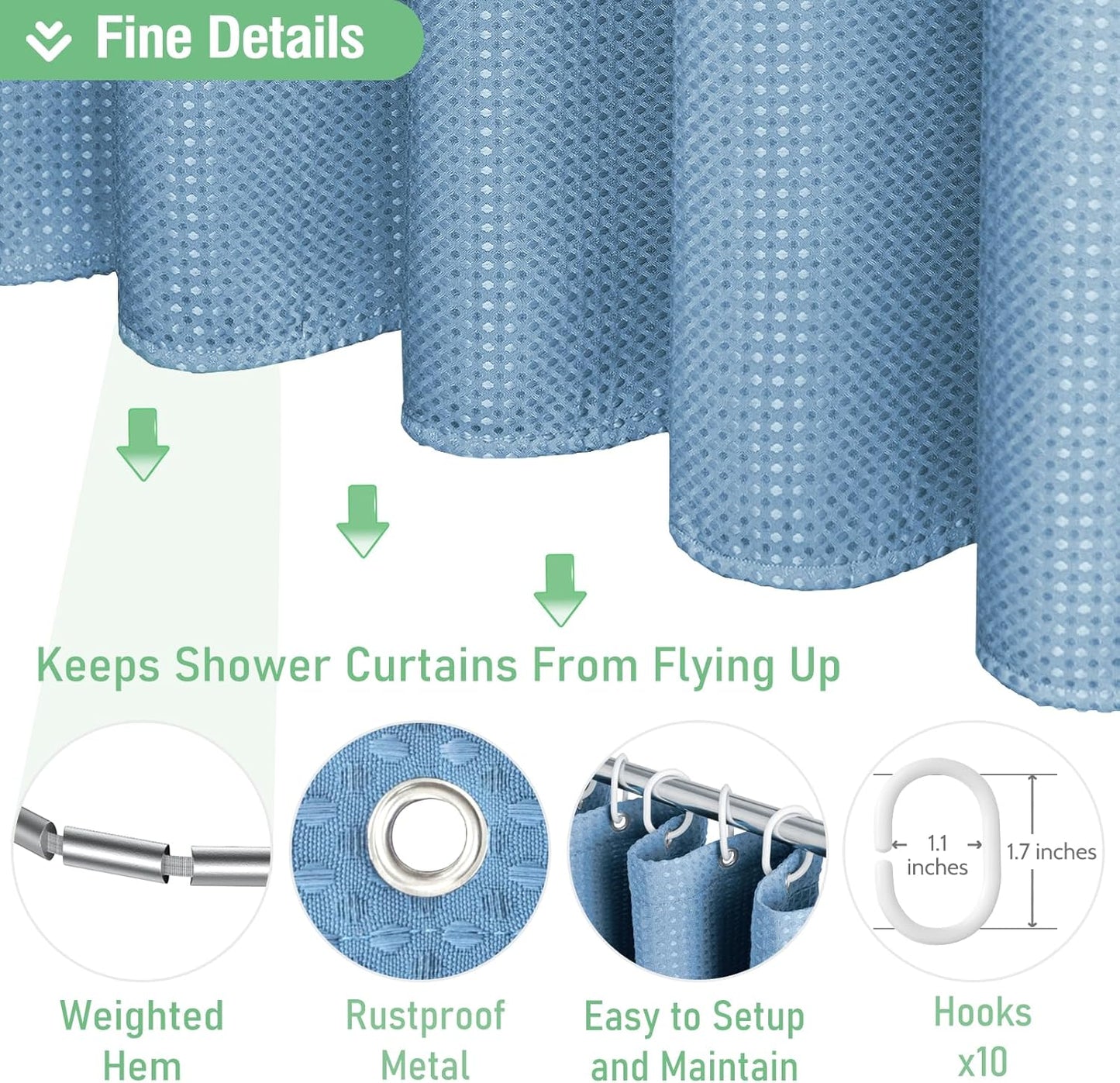 Fabric Shower Curtain - Waffle Weave Weighted Thick Cloth Shower Curtains for Bathroom, Hotel Spa Luxury Bath Curtain Set with 10 Hooks,Moonlight Blue