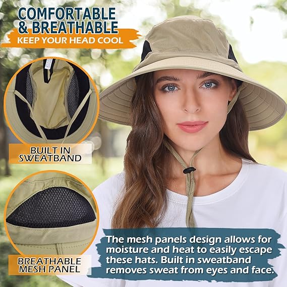Unisex Sun Hat, Waterproof Wide Brim Bucket Hat Packable Boonie Hat for Fishing Hiking Gardening Safari Beach,Khaki