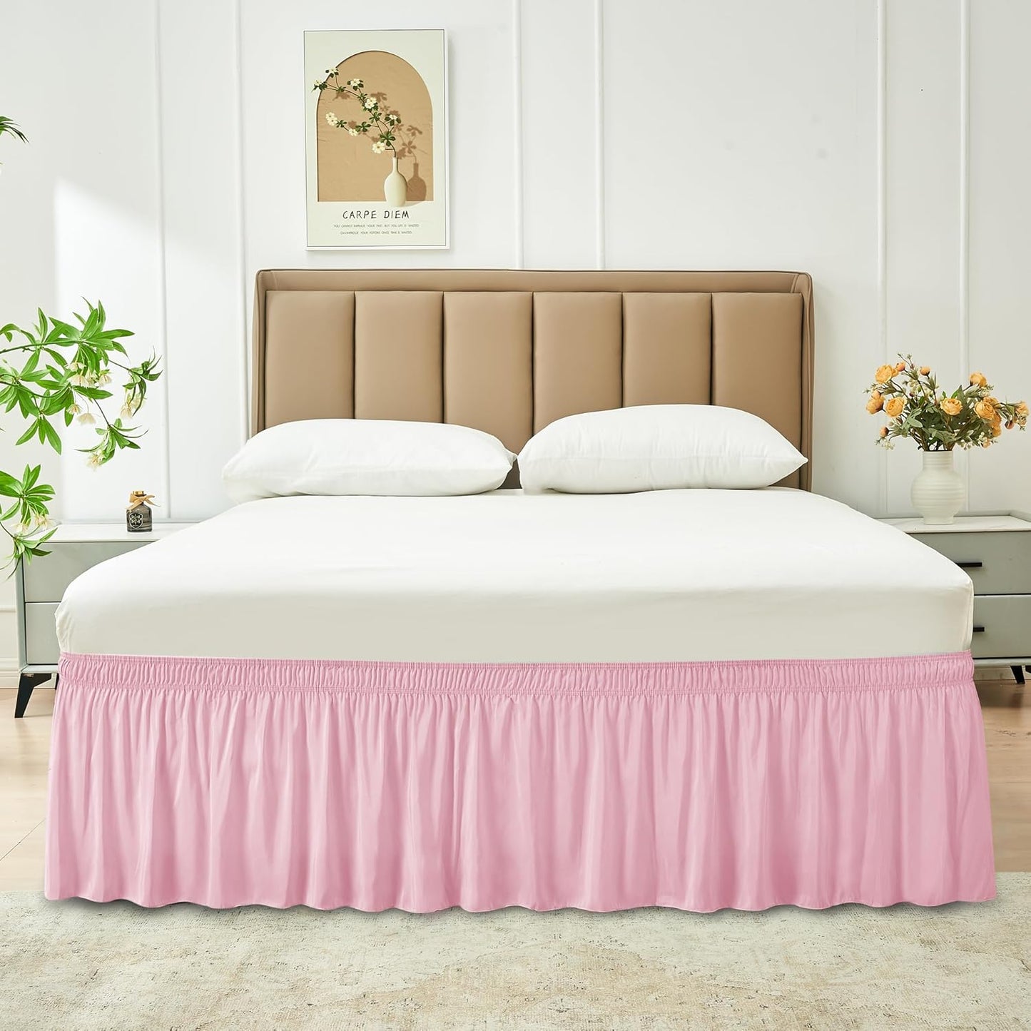 Wrap Around Bed Skirts  15" Drop, Aqua Adjustable Elastic Dust Ruffles Easy Fit Wrinkle & Fade Resistant  Machine Washable ,Pink