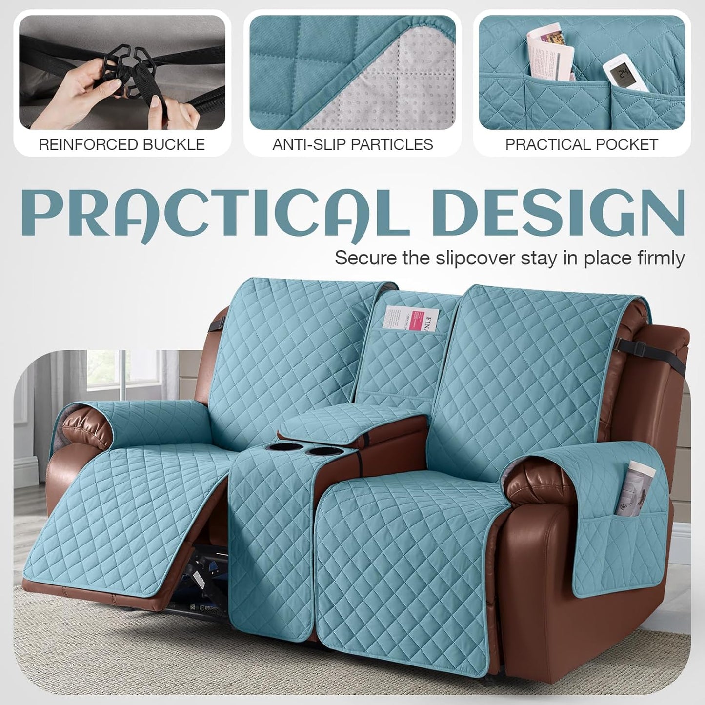 100%Waterproof  with Console, Non-Slip Reclining Couch Covers for 2 Seat, Recliner Sofa Cover Furniture Protector with Elastic Straps for Kids, Pets,GreyBlue