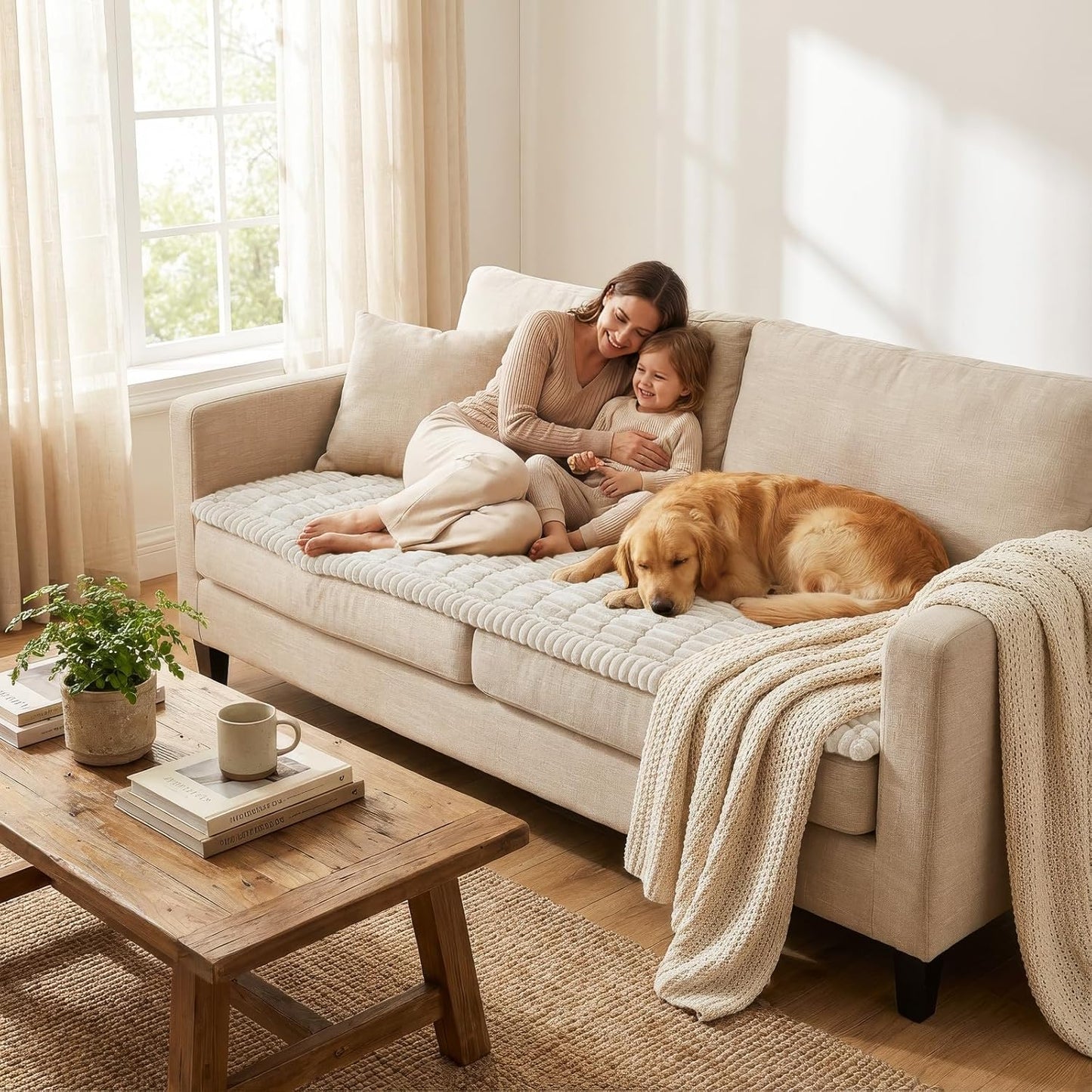 Couch Cover for Dogs Washable, Non Slip Fuzzy Pet Couch Covers for 3 Cushion Sofa Pet Friendly, Thick Soft Sofa Slipcovers Cushion Protector, White