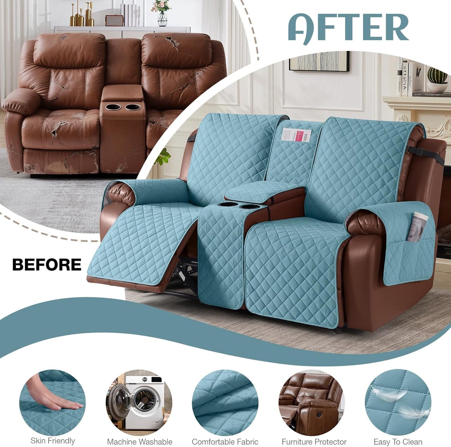 100%Waterproof  with Console, Non-Slip Reclining Couch Covers for 2 Seat, Recliner Sofa Cover Furniture Protector with Elastic Straps for Kids, Pets,GreyBlue