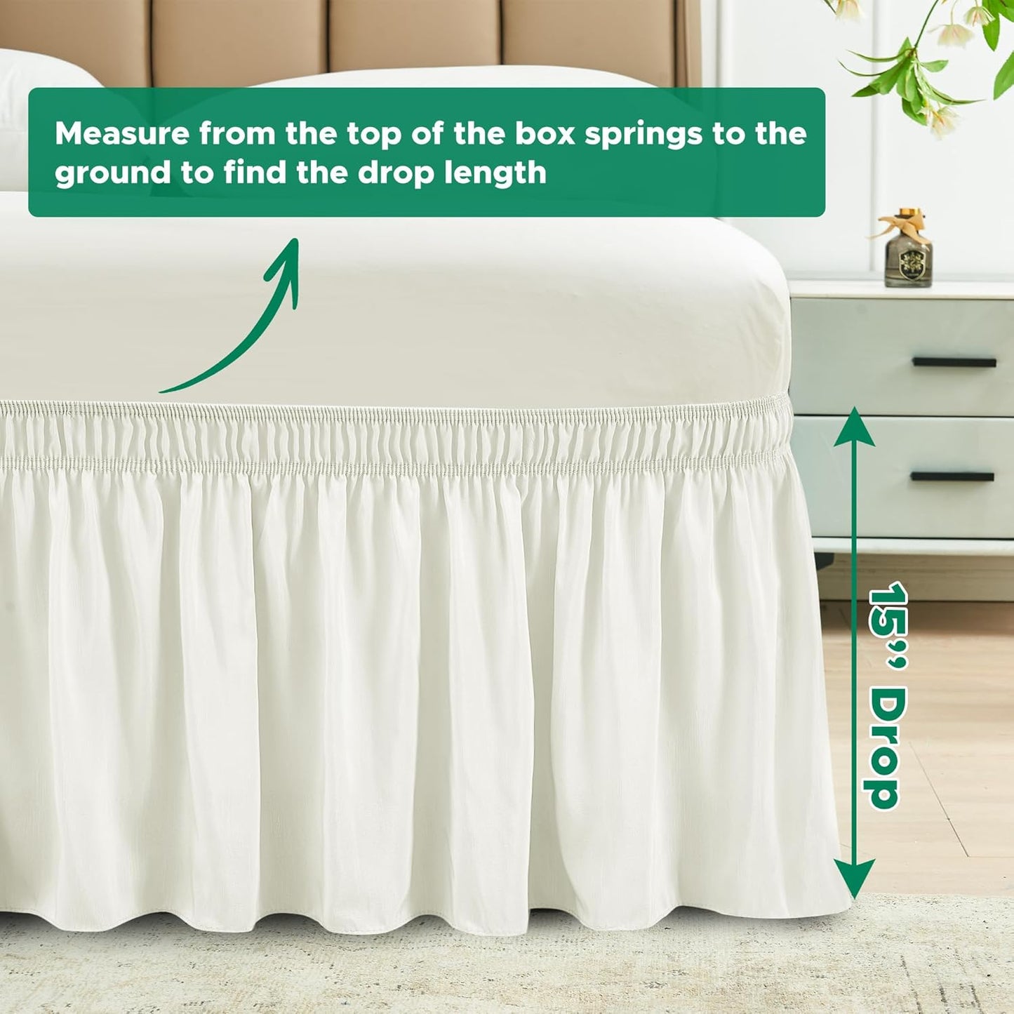 Wrap Around Bed Skirts  15" Drop, Aqua Adjustable Elastic Dust Ruffles Easy Fit Wrinkle & Fade Resistant  Machine Washable ,Beige