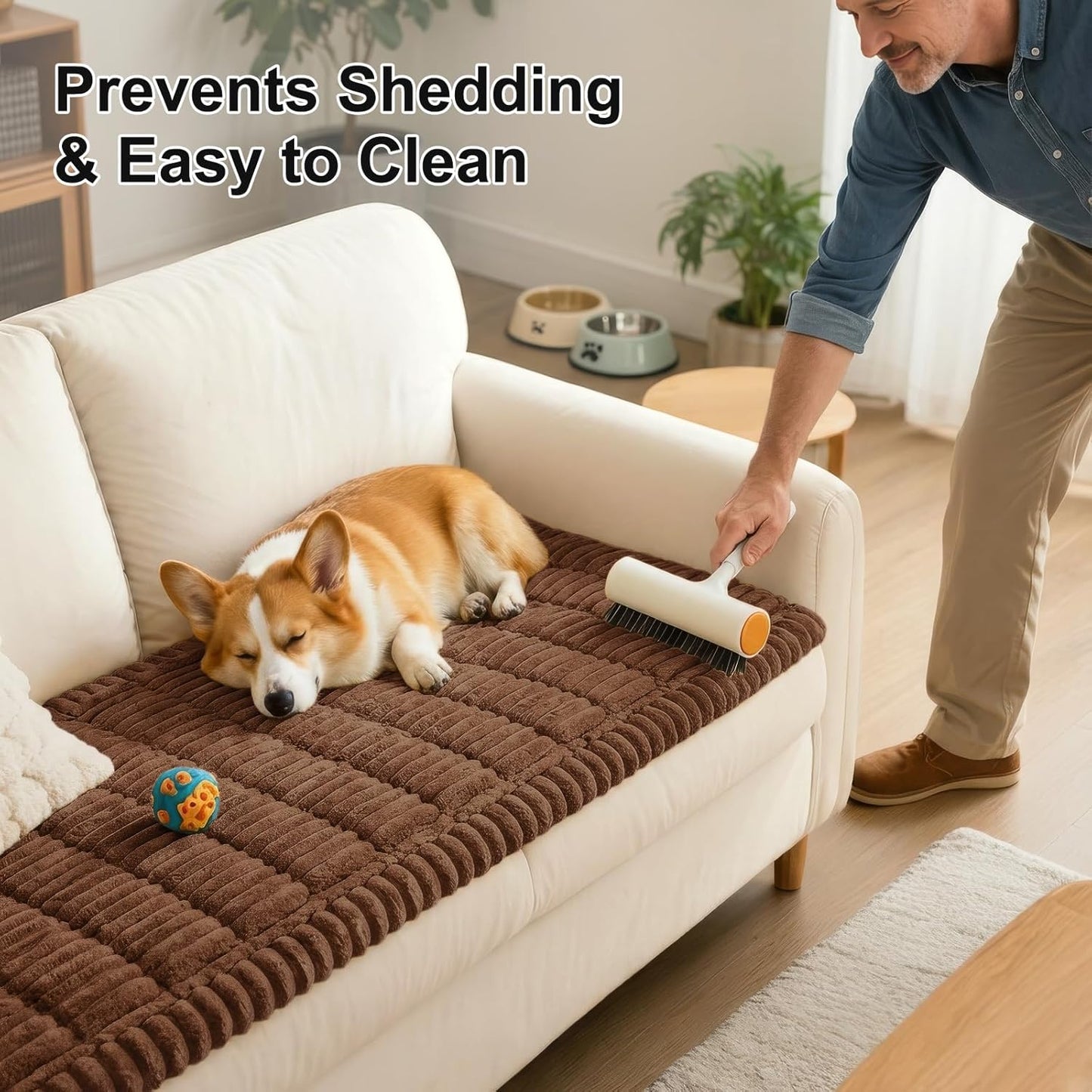 Couch Cover for Dogs Washable, Non Slip Fuzzy Pet Couch Covers for 3 Cushion Sofa Pet Friendly, Thick Soft Sofa Slipcovers Cushion Protector, Brown