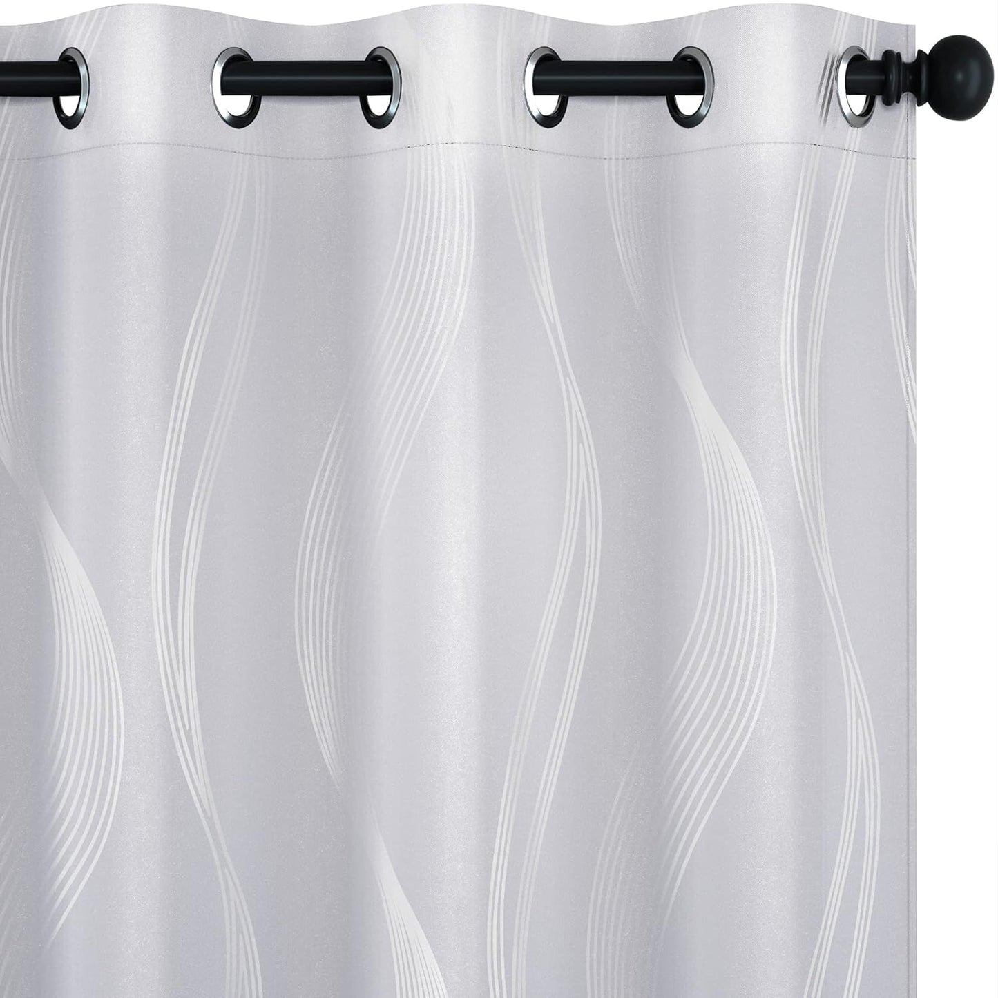 Silver Wave Print Blackout Curtains - Thermal Insulated & Noise‑Reducing Grommet Drapes for Bedroom & Living Room,  2 Panels ,White
