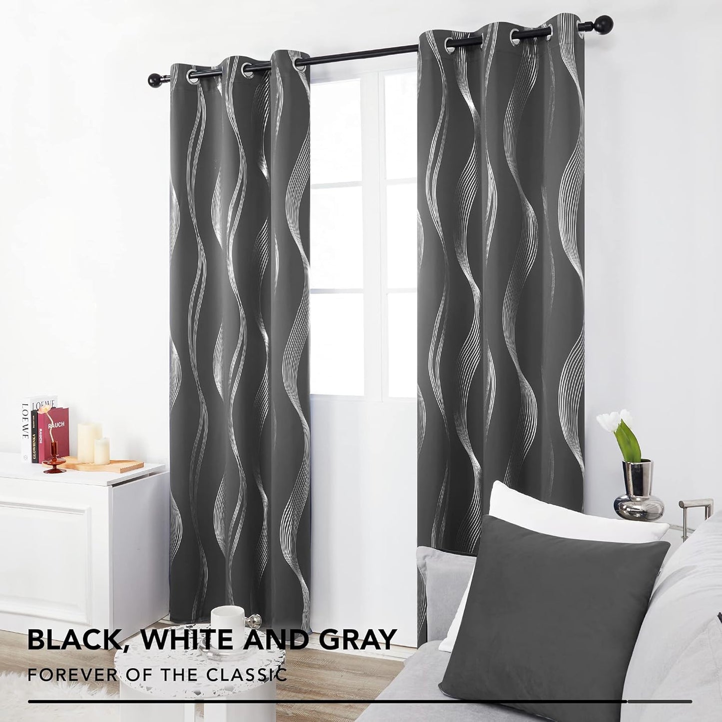 Silver Wave Print Blackout Curtains - Thermal Insulated & Noise‑Reducing Grommet Drapes for Bedroom & Living Room,  2 Panels ,Grey