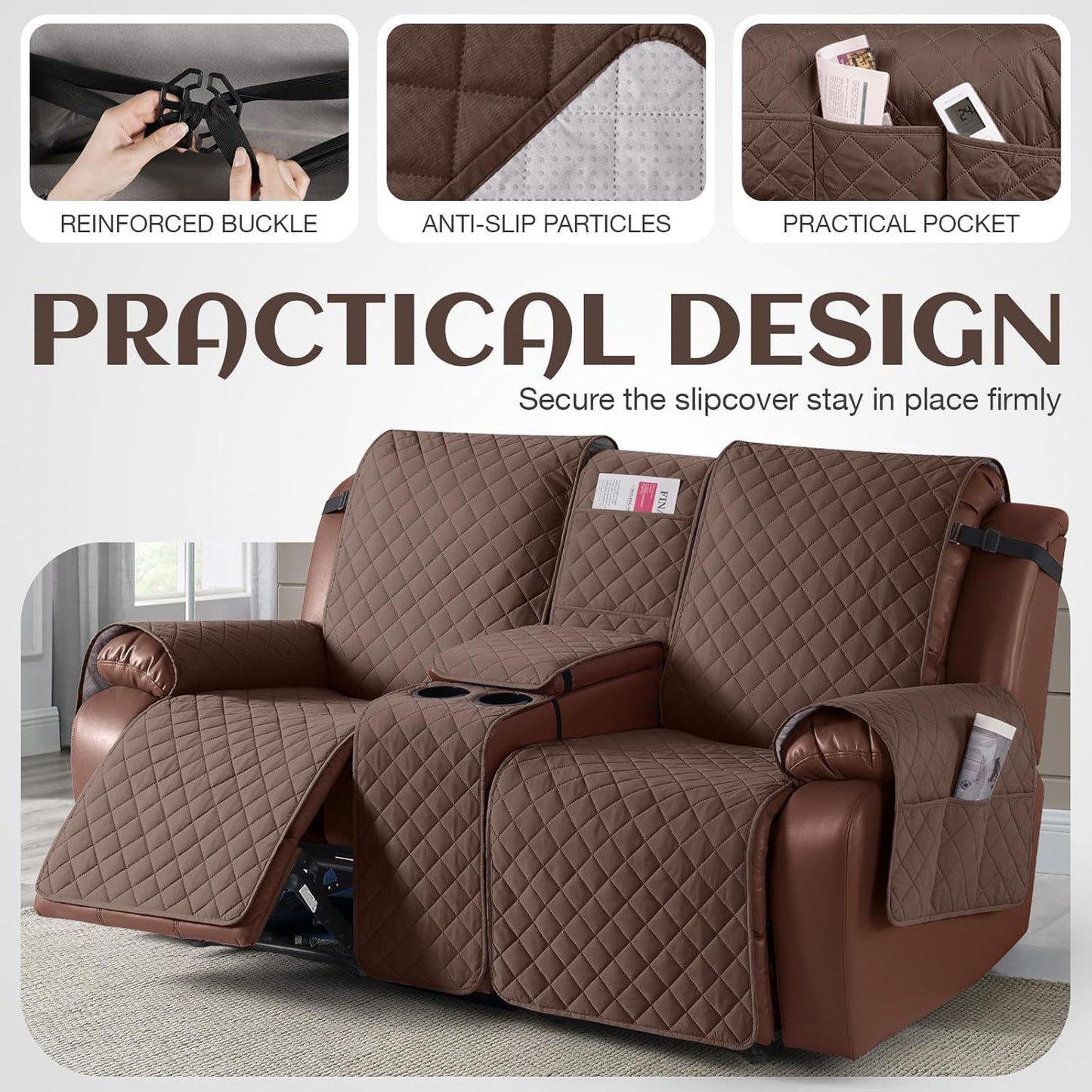 100%Waterproof  with Console, Non-Slip Reclining Couch Covers for 2 Seat, Recliner Sofa Cover Furniture Protector with Elastic Straps for Kids, Pets,Coffee