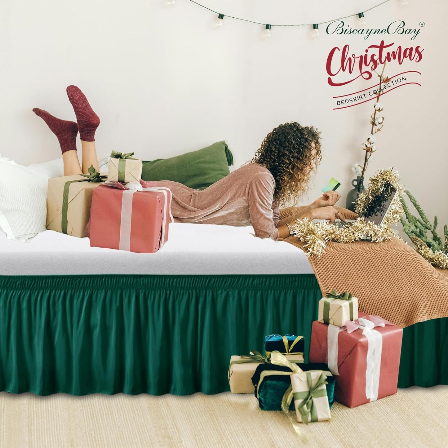 Wrap Around Bed Skirts  15" Drop, Aqua Adjustable Elastic Dust Ruffles Easy Fit Wrinkle & Fade Resistant  Machine Washable ,Dark Green