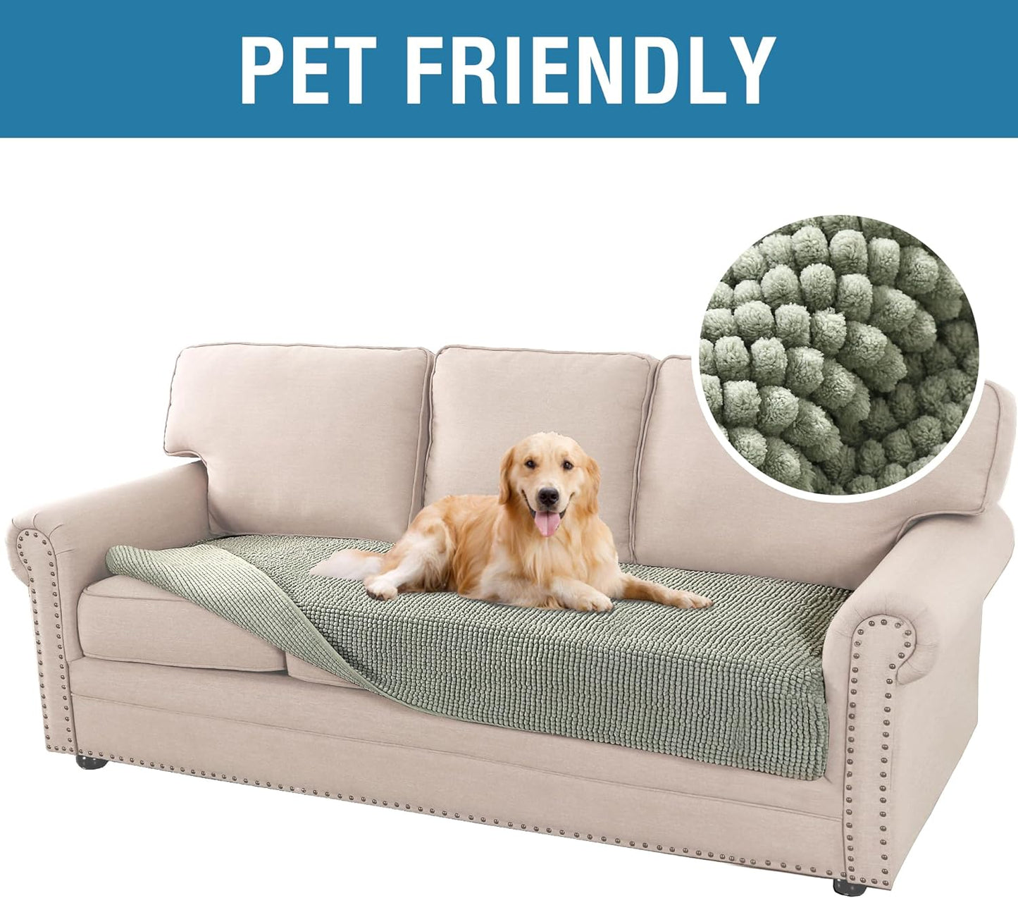 Plush Chenille Dog Bed Cover Thick Soft Sofa Cover for Cushion Couch Anti Slip Couch Cover Water Resistant Furniture Protector for Dog, Pet, Cat,Sage
