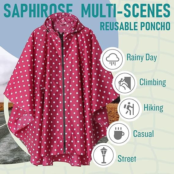 Unisex Rain Poncho Raincoat Hooded with Pockets&ZIpper ,Fashion,Beautiful, Durable, Lightweight,(Red Dot)