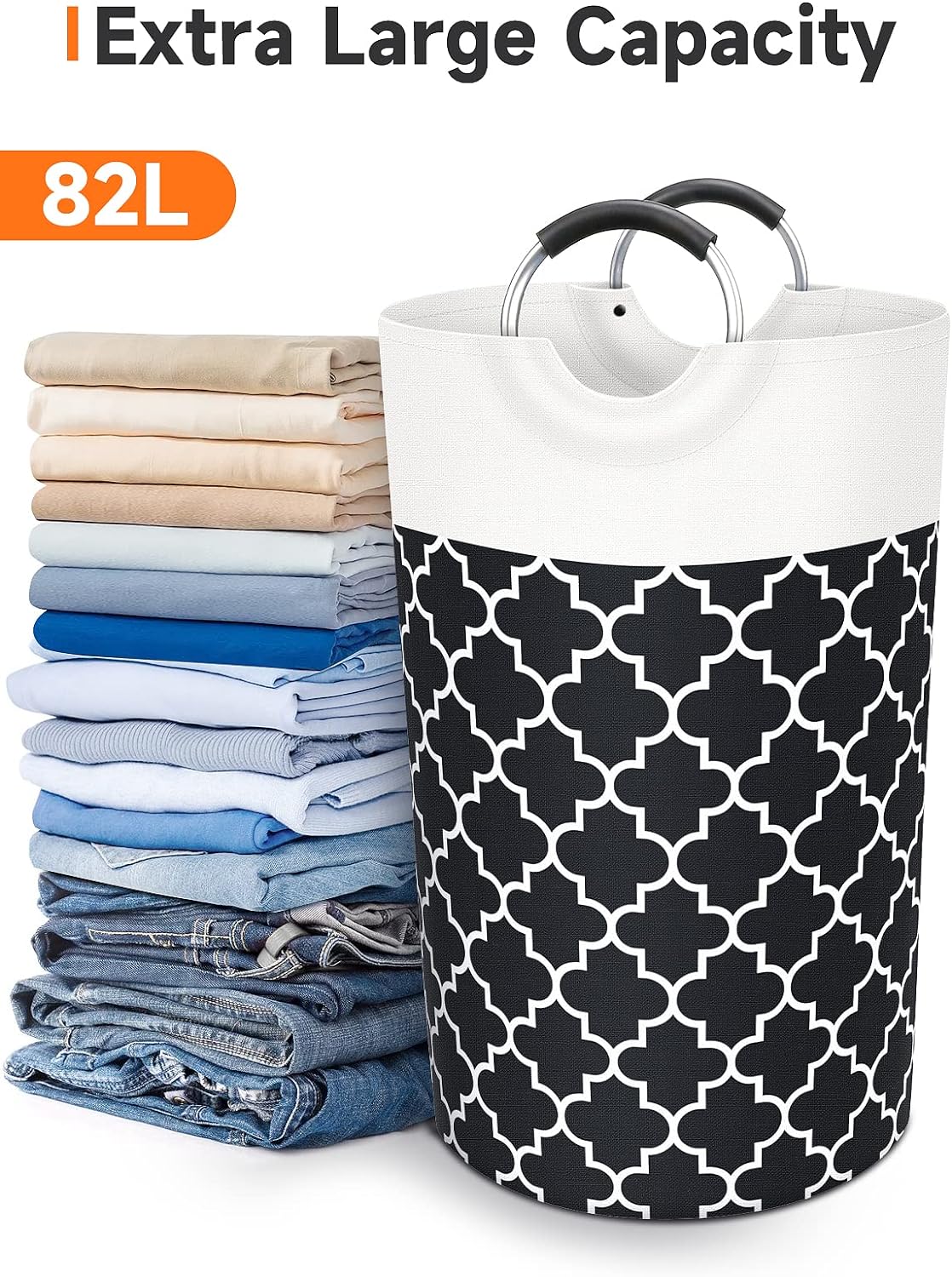 Large Laundry Basket Collapsible Tall With Handles Waterproof Travel Bathroom Essentials Storage For Dorm, Family (Black),82L