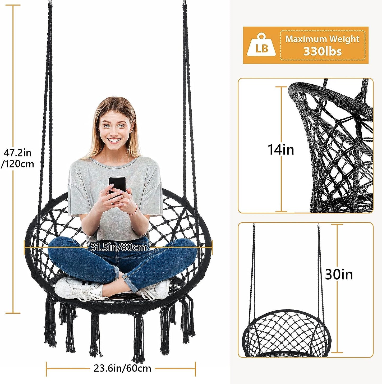 Macrame Hammock Hanging Rocking Chair, Suitable for Bedroom, Outdoor, Children, Adults, Huge Load-bearing Capacity（Black）