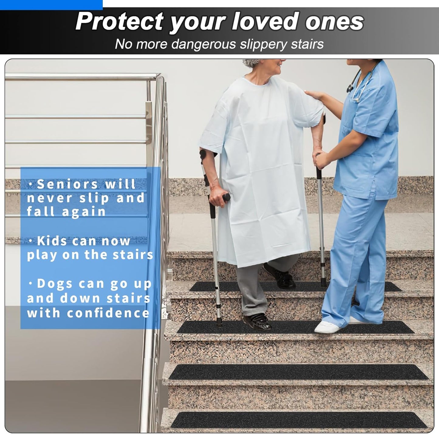 Black Non-Slip Treads for Wooden Steps Indoor Pre-Cut Anti-Slip Strips, Grip Tape Transparent Grips for Wood Stairs, Dogs, Kids and Pets, Waterproof