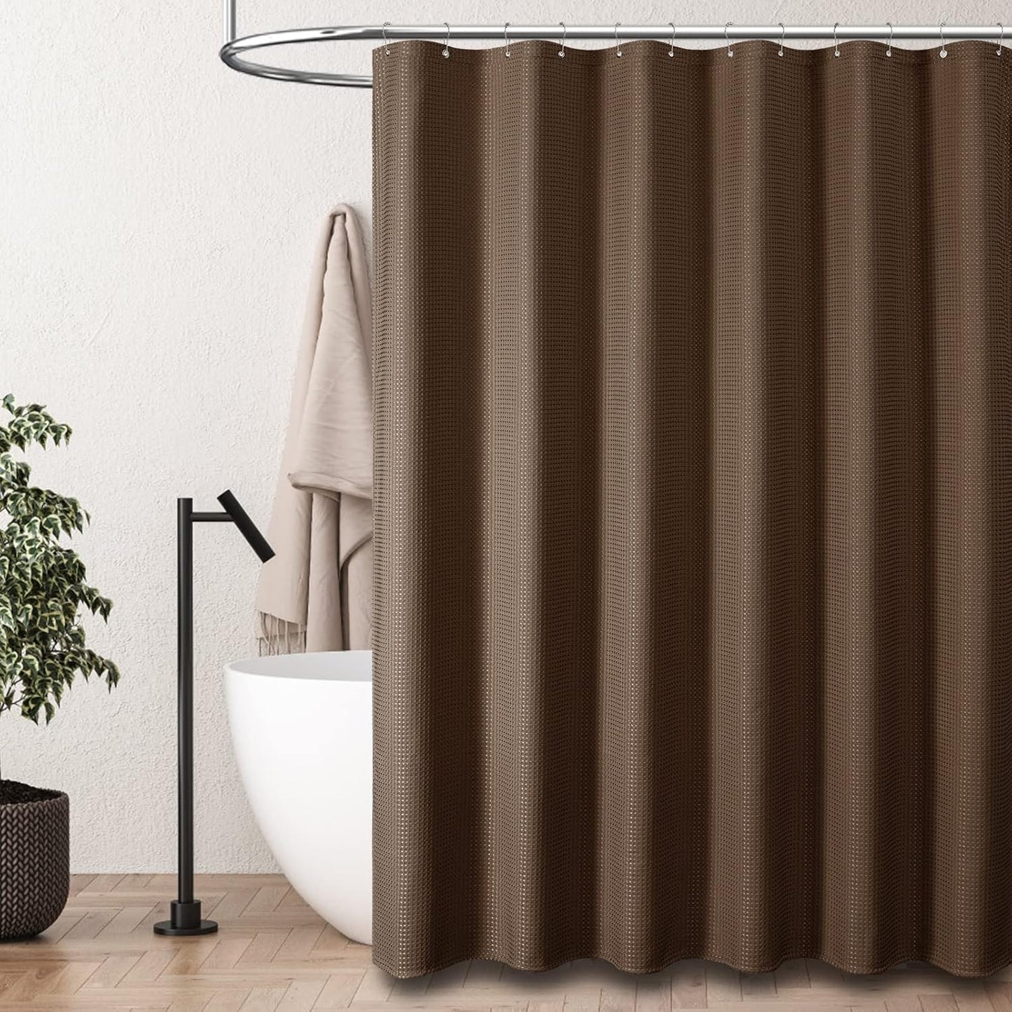Fabric Shower Curtain - Waffle Weave Weighted Thick Cloth Shower Curtains for Bathroom, Hotel Spa Luxury Bath Curtain Set with 10 Hooks,Brown