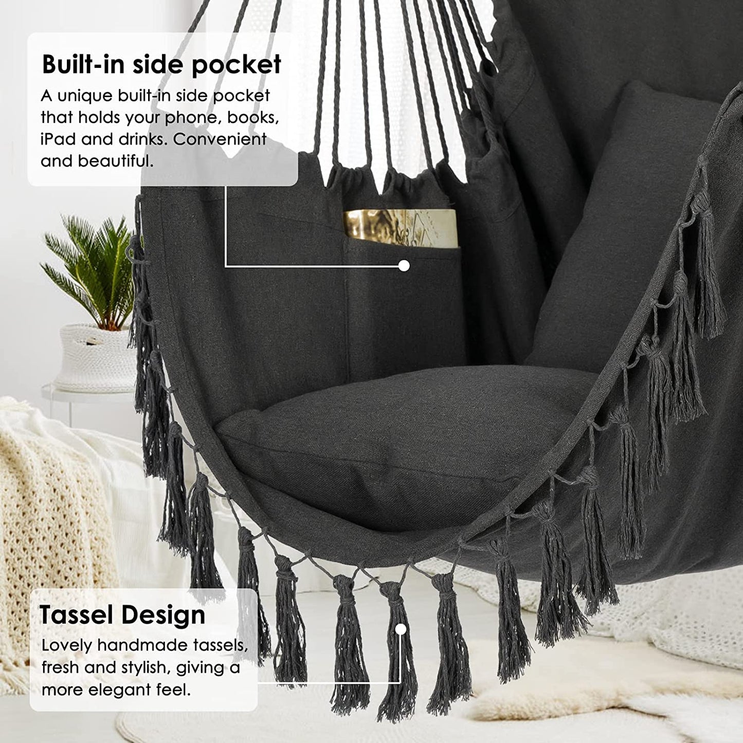 Hammock Chair Hanging Rope Swing, Large Hanging Chair with Pocket and tassels,Cushions for Superior Comfort, with Hardware Kit (Dark Grey)