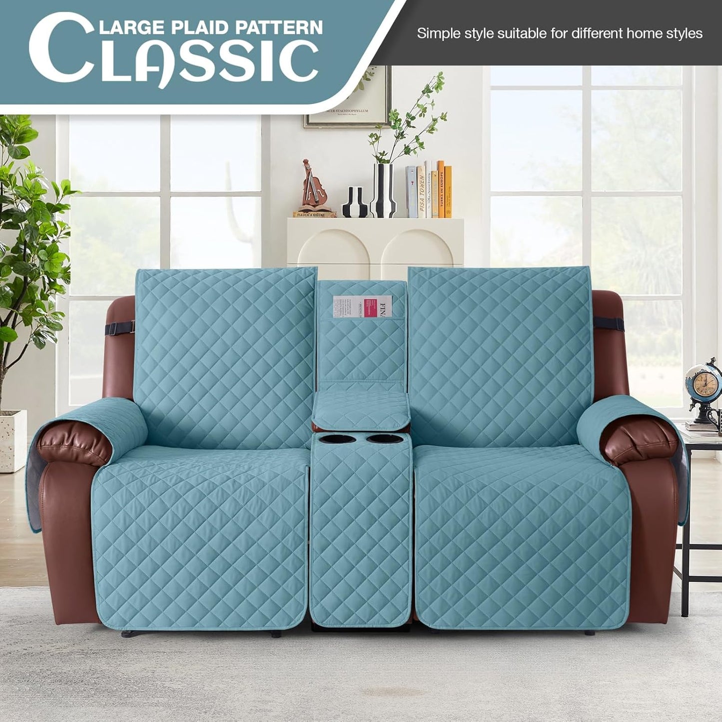 100%Waterproof  with Console, Non-Slip Reclining Couch Covers for 2 Seat, Recliner Sofa Cover Furniture Protector with Elastic Straps for Kids, Pets,GreyBlue
